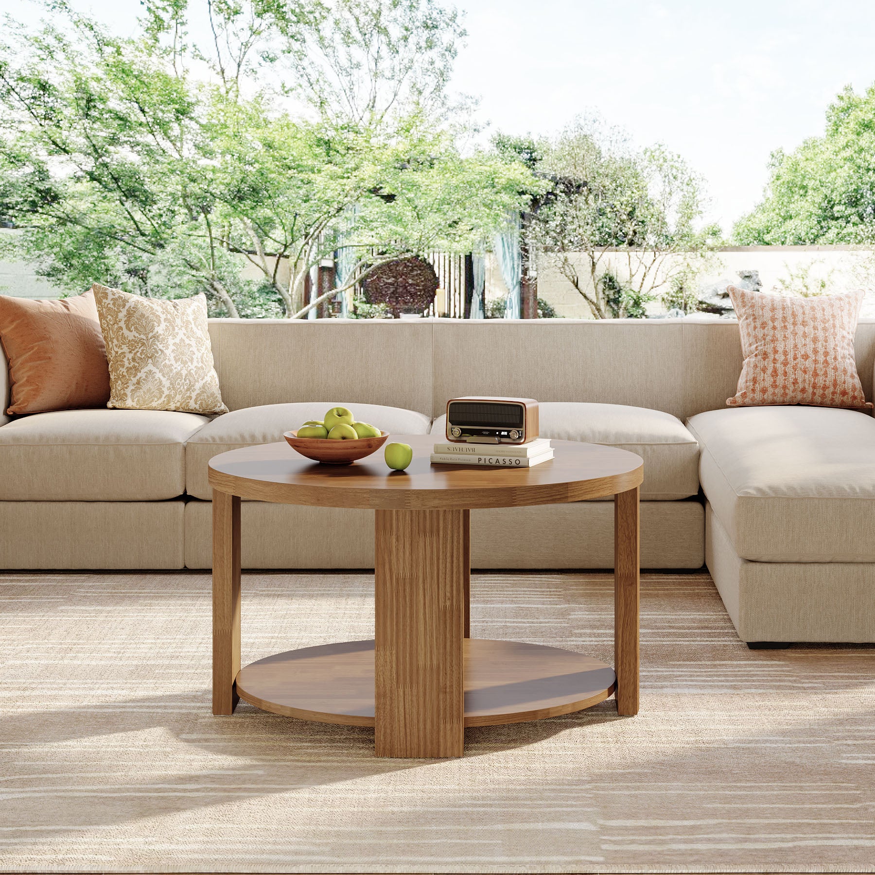 31.5 Inch Round Coffee Table with 2 Tier Storage, Mid Century Modern Farmhouse Accent Table - Image 7