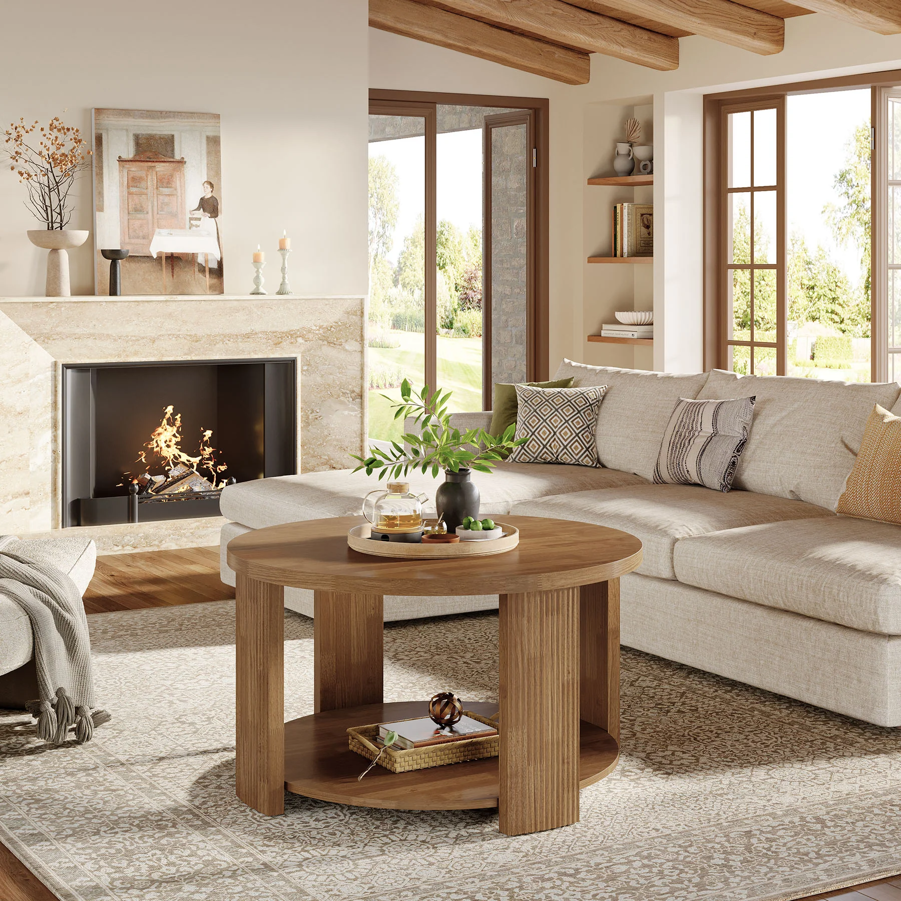 31.5 Inch Round Coffee Table with 2 Tier Storage, Mid Century Modern Farmhouse Accent Table - Image 8