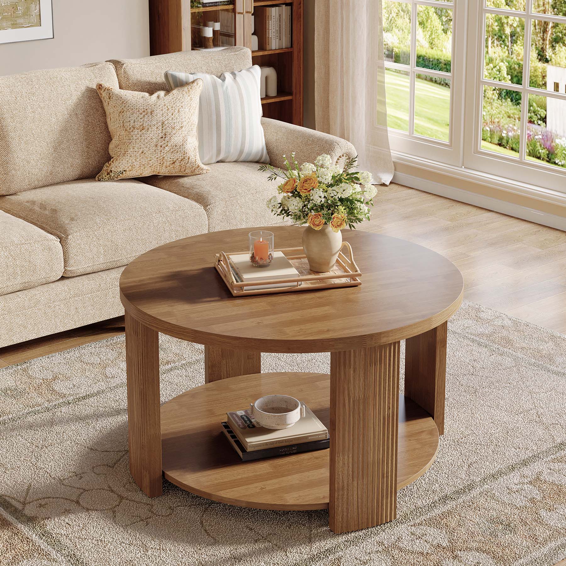 31.5 Inch Round Coffee Table with 2 Tier Storage, Mid Century Modern Farmhouse Accent Table - Image 9