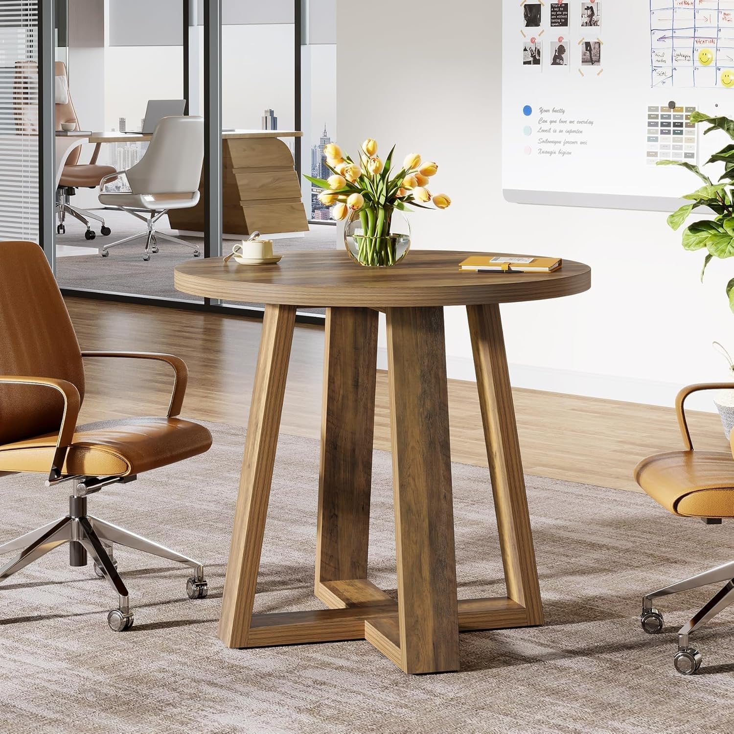 31.5" Round Farmhouse Conference Table - Wooden Meeting Desk for Small Spaces, Rustic Brown - Image 3
