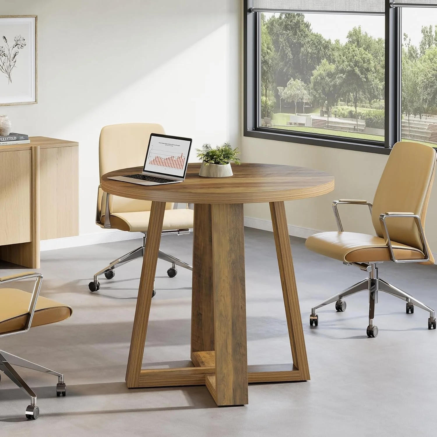 31.5" Round Farmhouse Conference Table - Wooden Meeting Desk for Small Spaces, Rustic Brown - Image 4