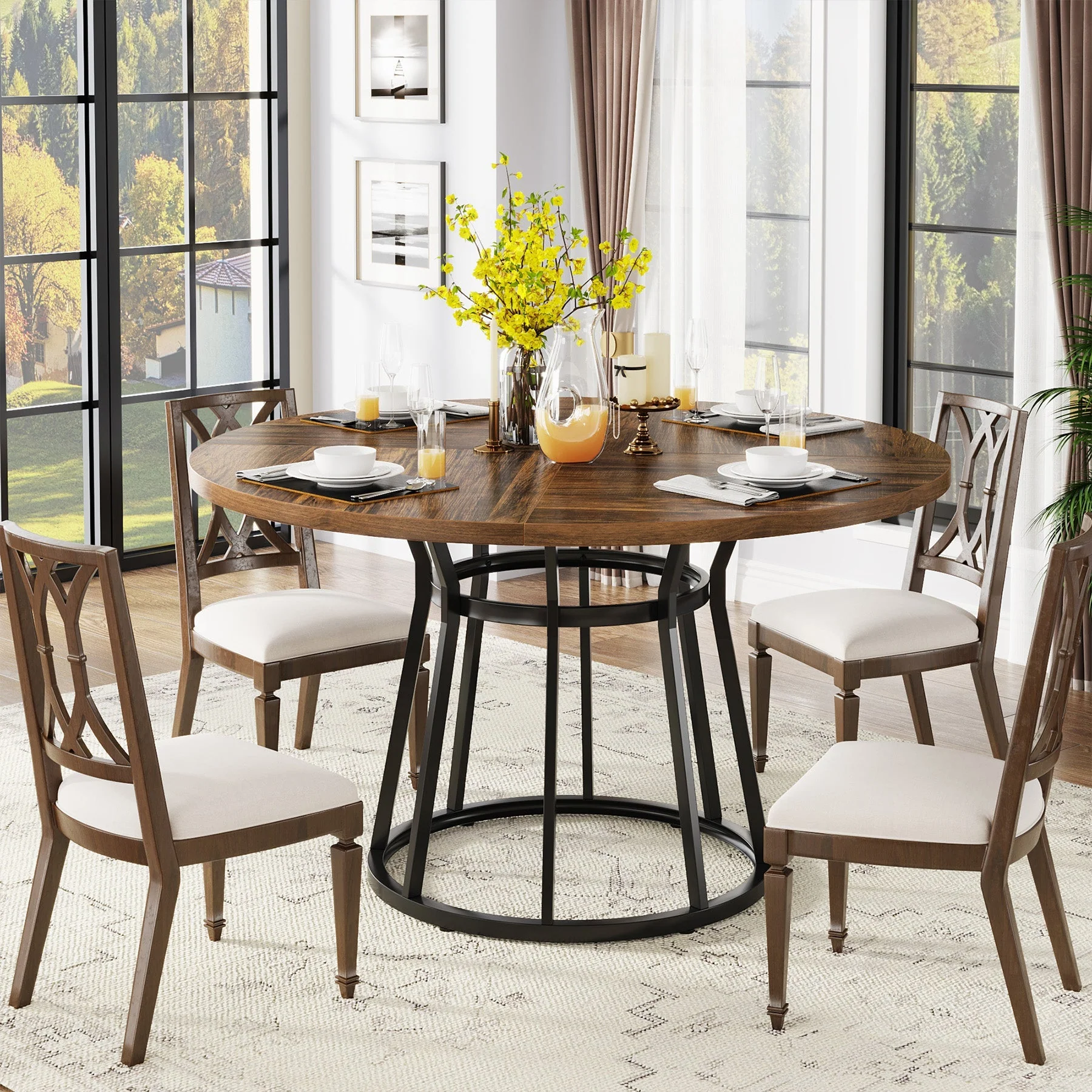 Round Dining Table for 4 People, 47.2" Kitchen Dinner Table with Metal Base - Image 3