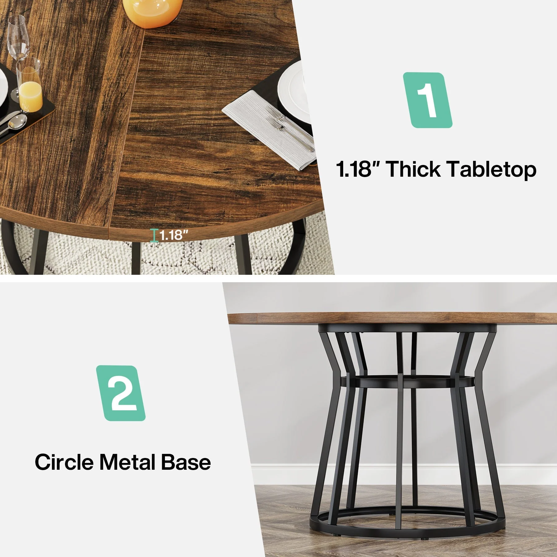 Round Dining Table for 4 People, 47.2" Kitchen Dinner Table with Metal Base - Image 6