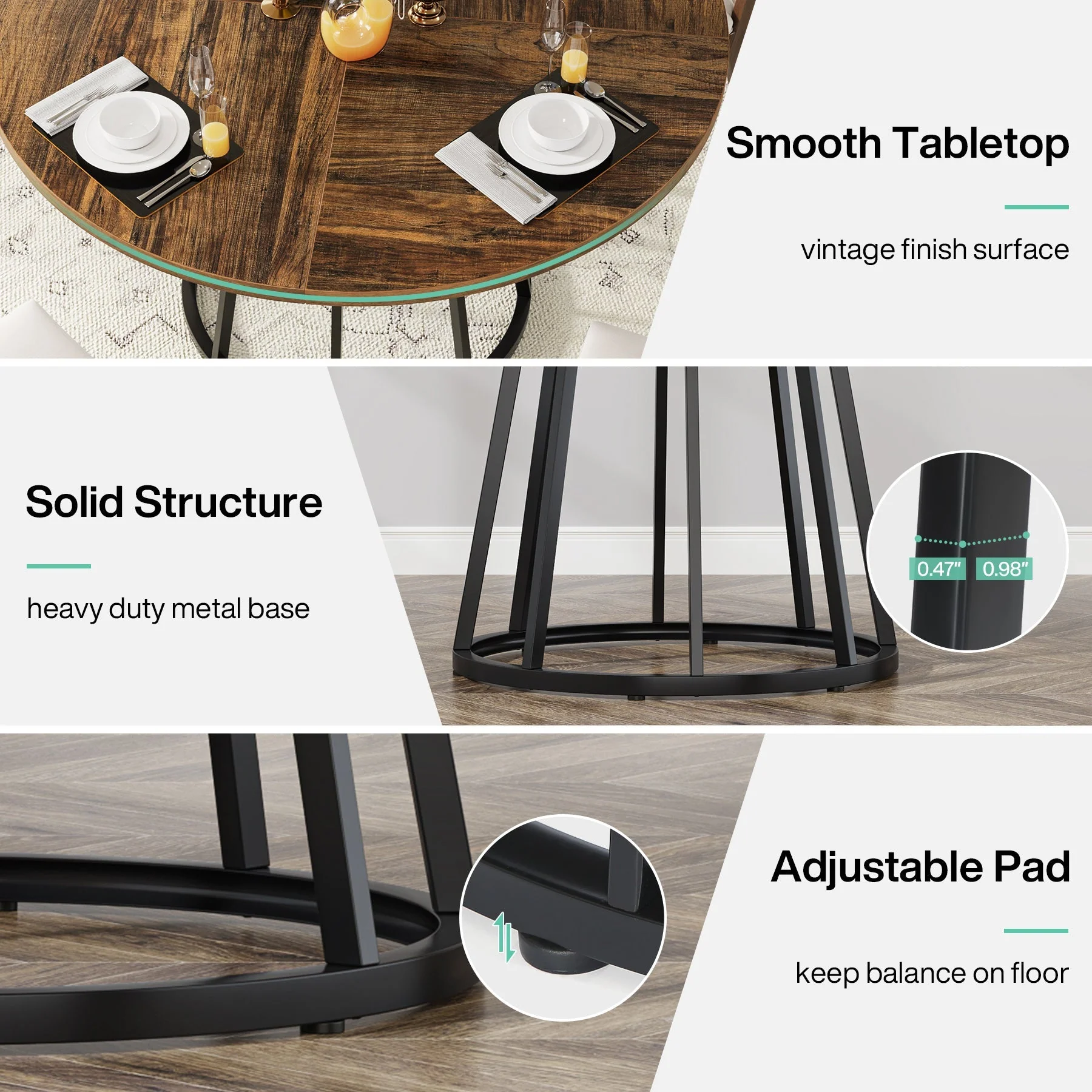 Round Dining Table for 4 People, 47.2" Kitchen Dinner Table with Metal Base - Image 7