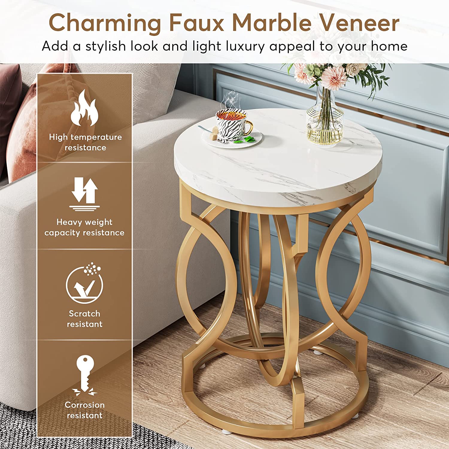 Round End Table, Modern Bedside Table with Faux Marble Top - Image 4