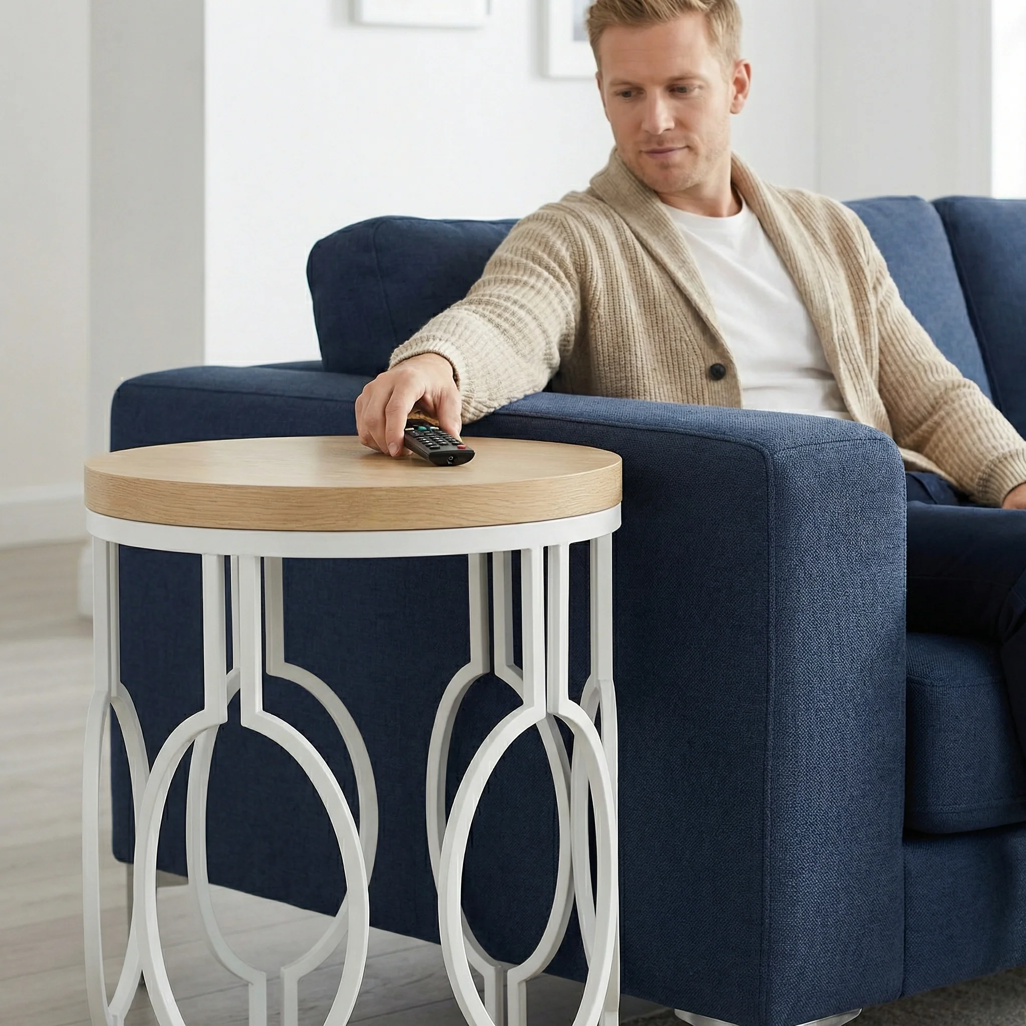 Round End Table, Industrial Side Table with Metal Hollow Frame - Image 13
