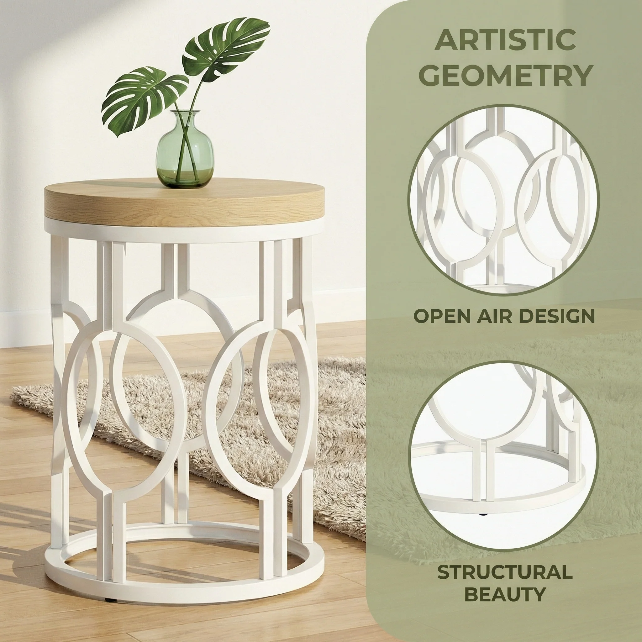 Round End Table, Industrial Side Table with Metal Hollow Frame - Image 9