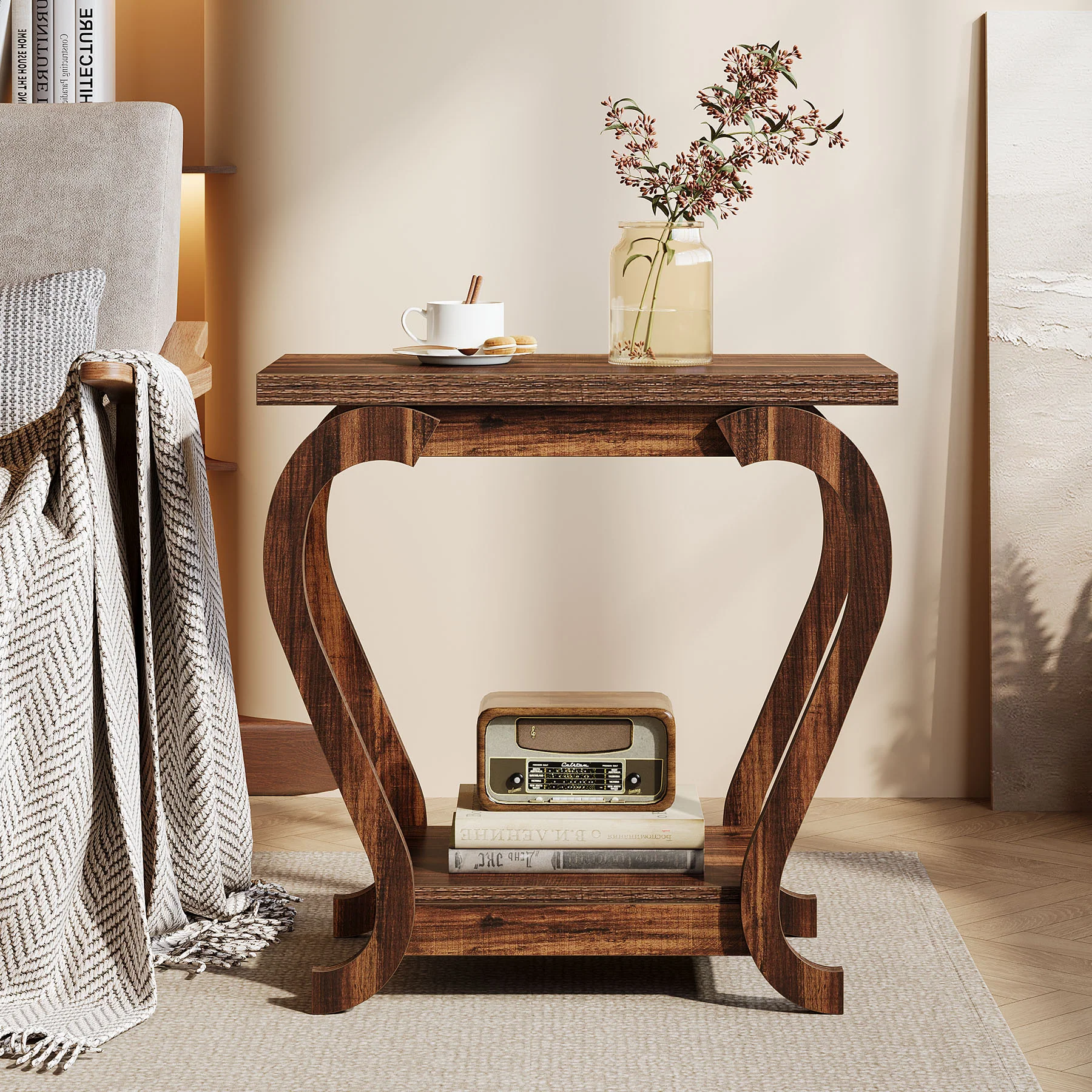 Brown Wooden End Table, 23.62 Inch 2-Tier Side Table for Small Spaces - Image 11