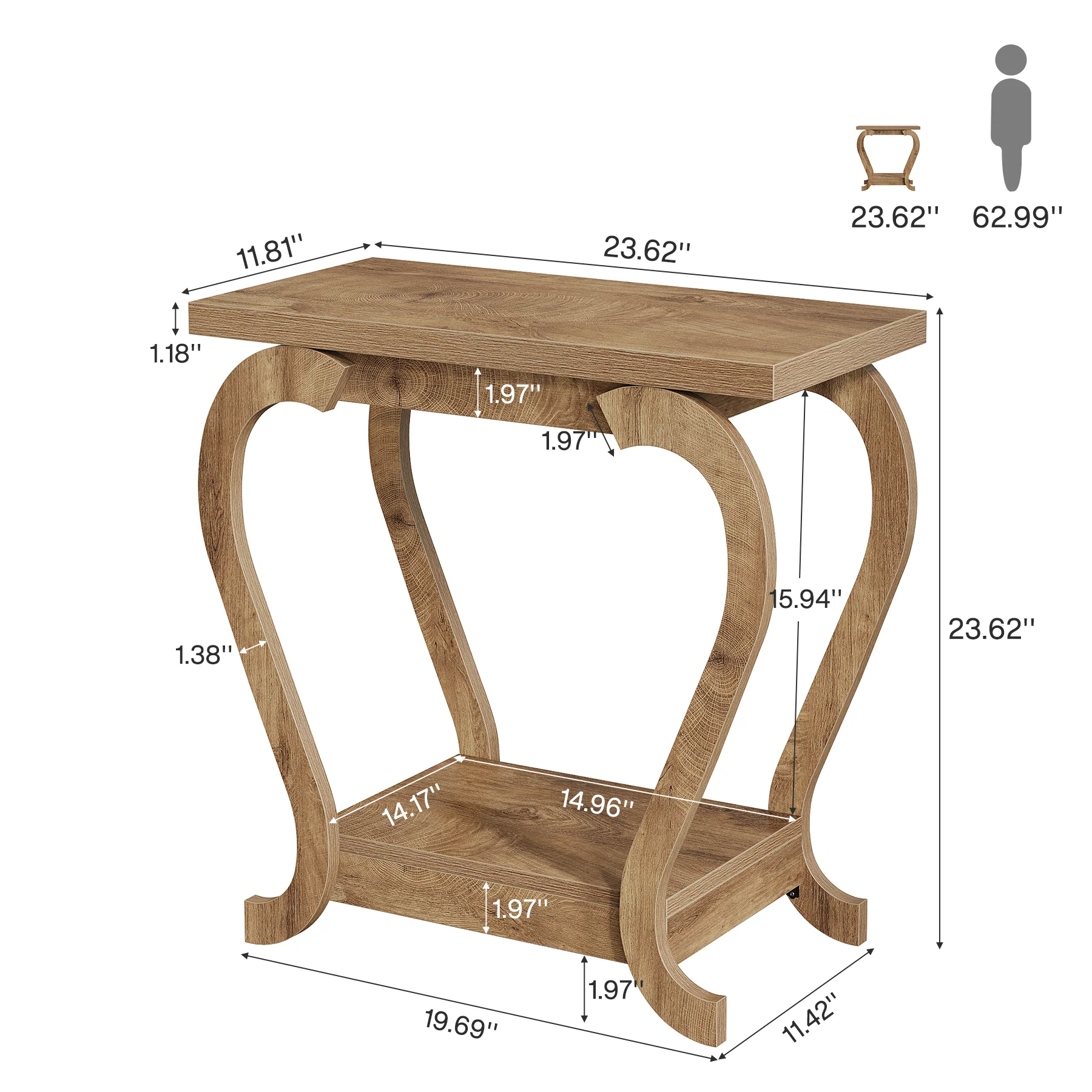 Brown Wooden End Table, 23.62 Inch 2-Tier Side Table for Small Spaces - Image 2