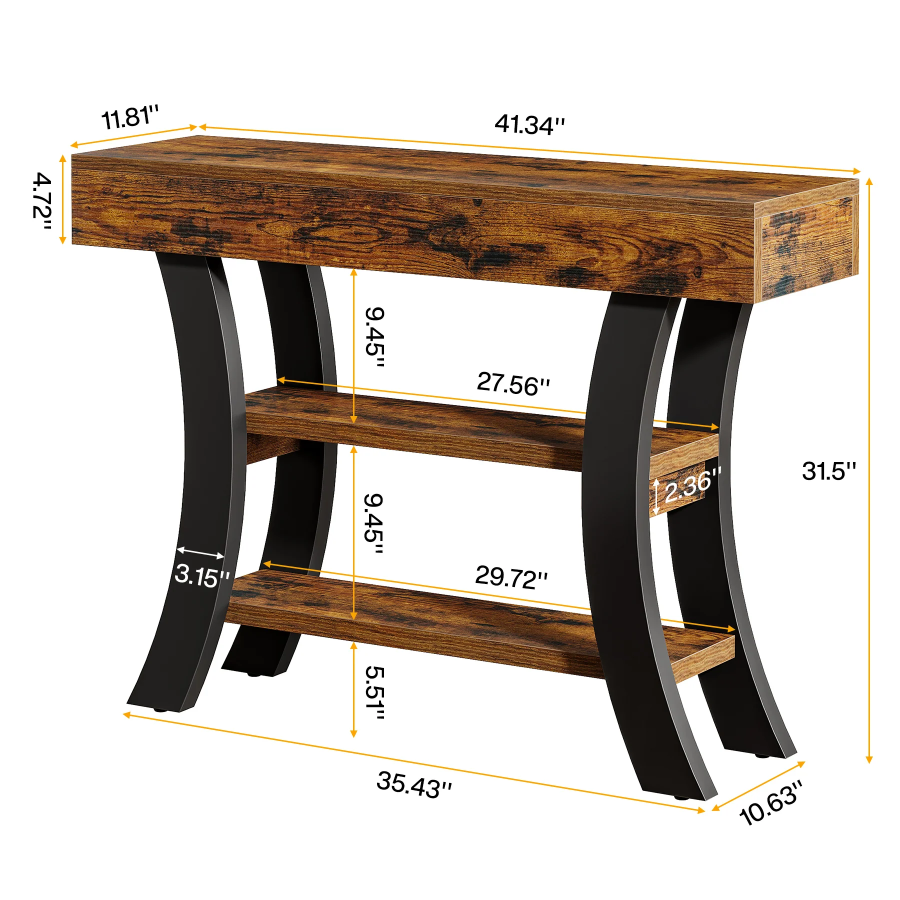 41.34" Rustic Console Table, 3-Tier Entryway Table with Curved Frame for Living Room - Image 2