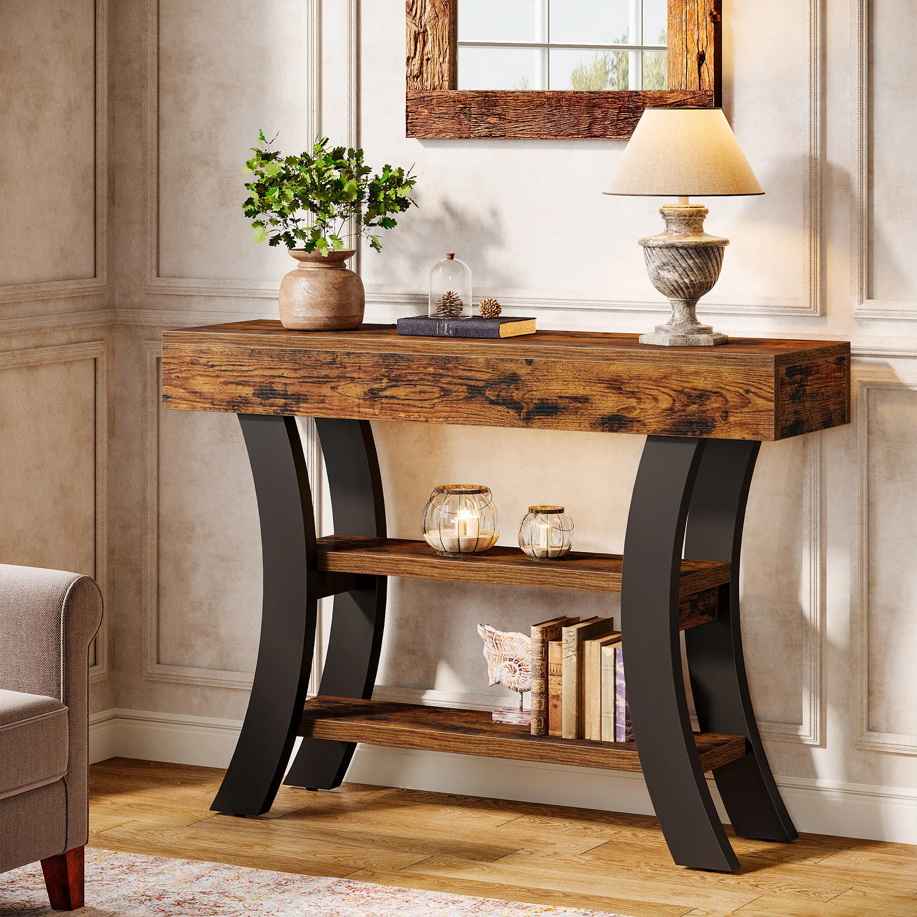 41.34" Rustic Console Table, 3-Tier Entryway Table with Curved Frame for Living Room - Image 5