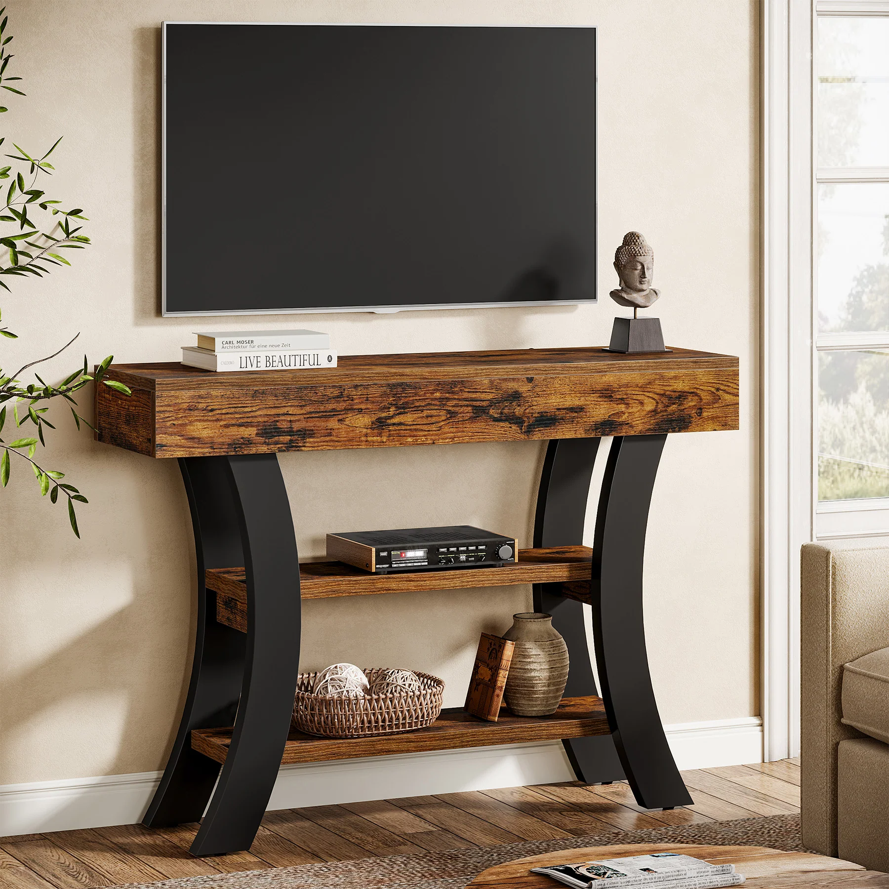 41.34" Rustic Console Table, 3-Tier Entryway Table with Curved Frame for Living Room - Image 6