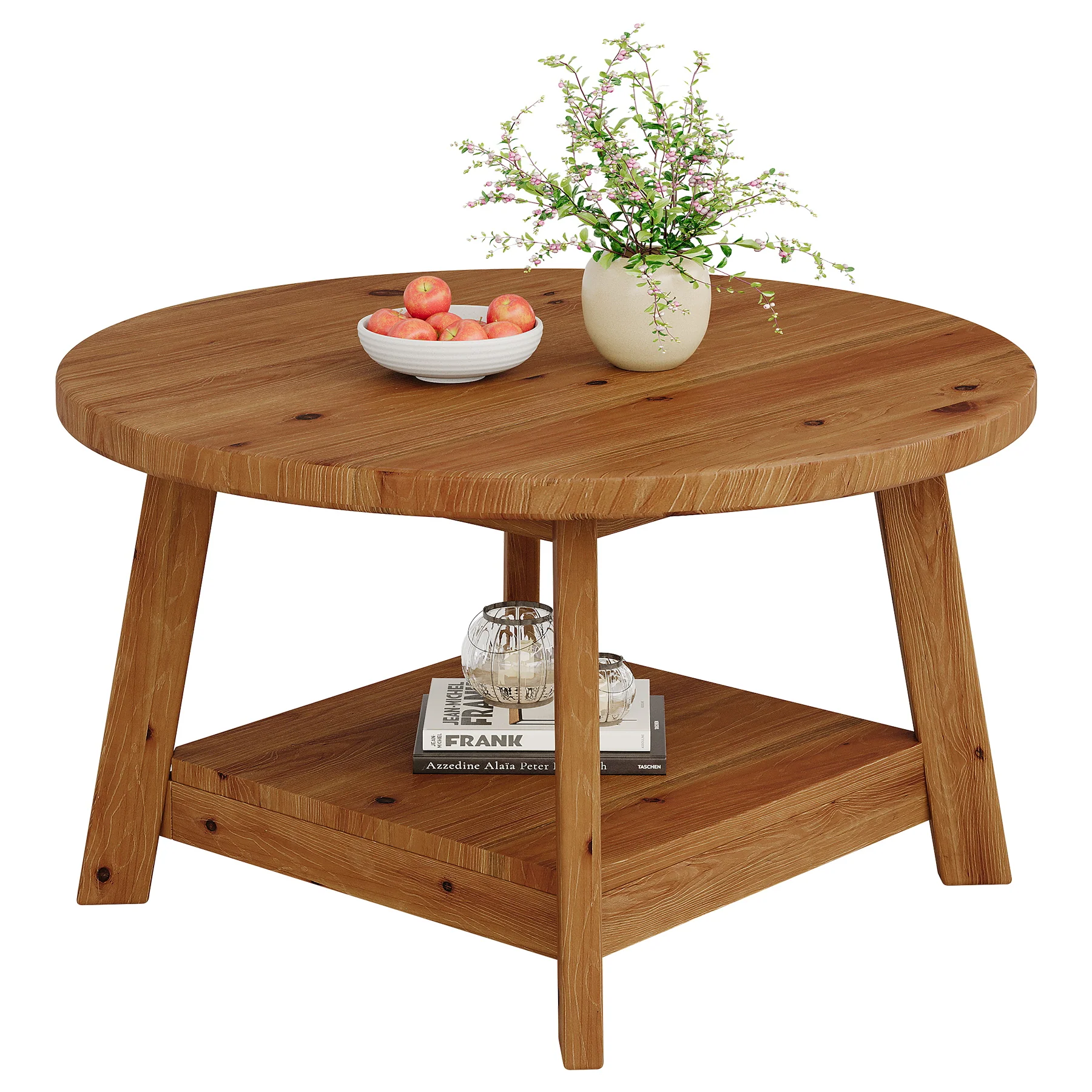 Rustic Round Coffee Table, 31.5-Inch Two-Tier Design with Tapered Wooden Legs - Image 8