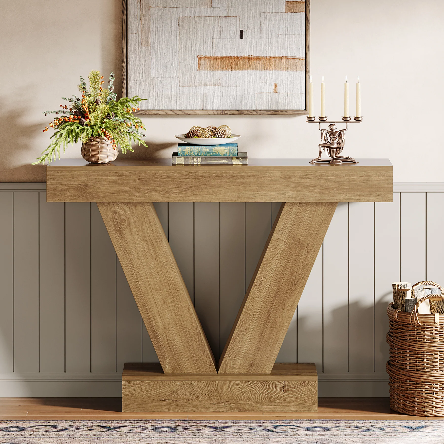 41-Inch Console Table with V-Shaped Legs, Brown Entryway and Sofa Table - Image 3