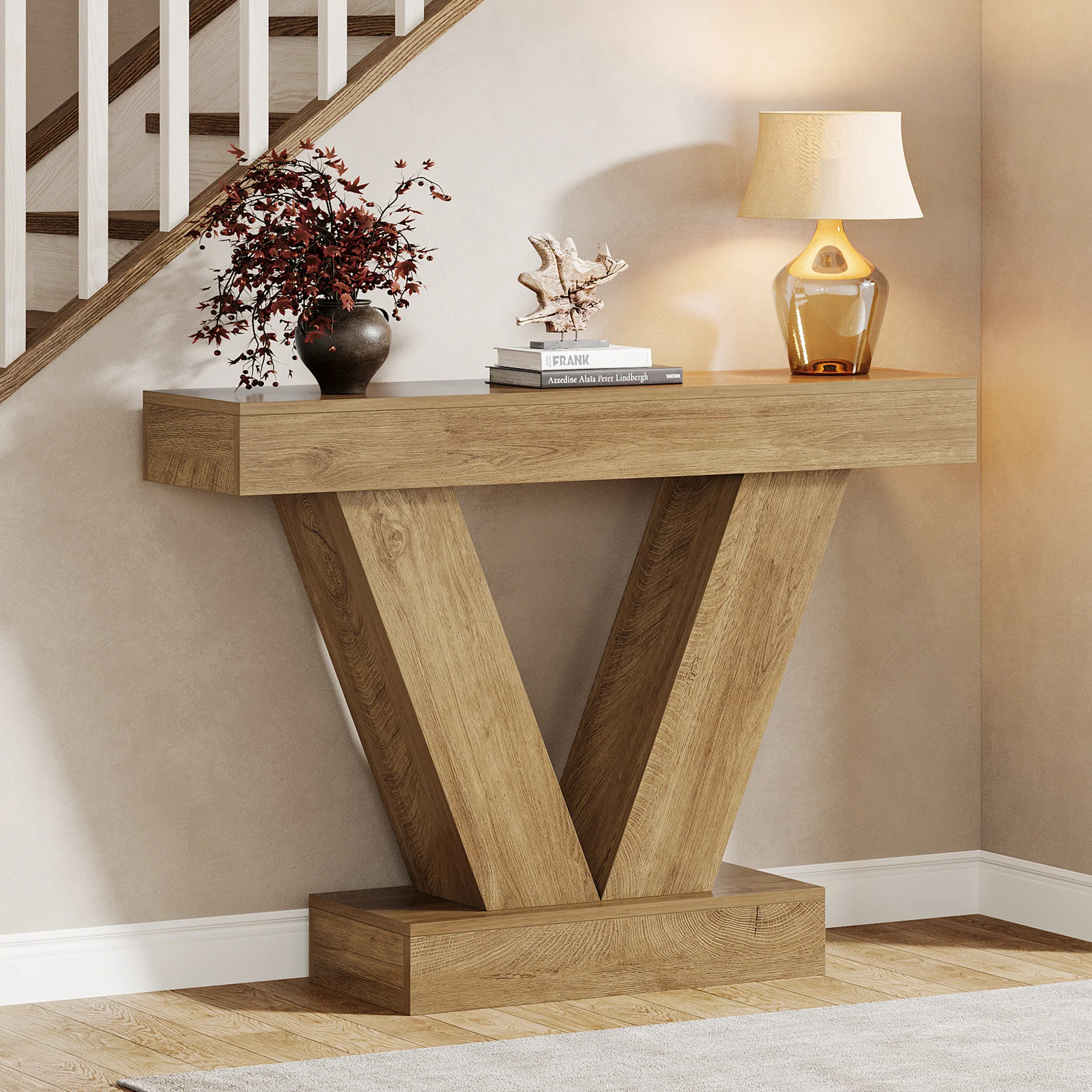 41-Inch Console Table with V-Shaped Legs, Brown Entryway and Sofa Table - Image 4