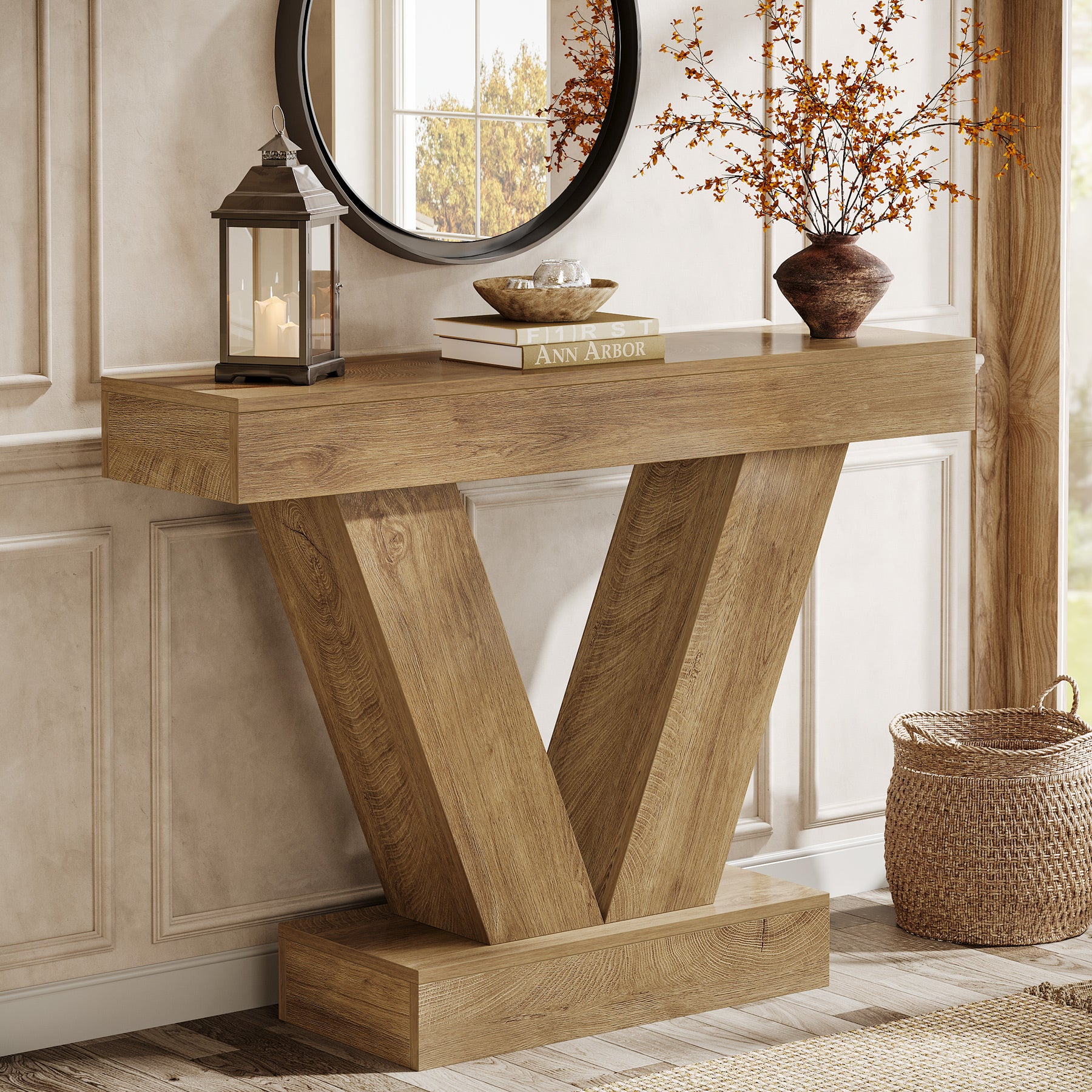 41-Inch Console Table with V-Shaped Legs, Brown Entryway and Sofa Table - Image 9