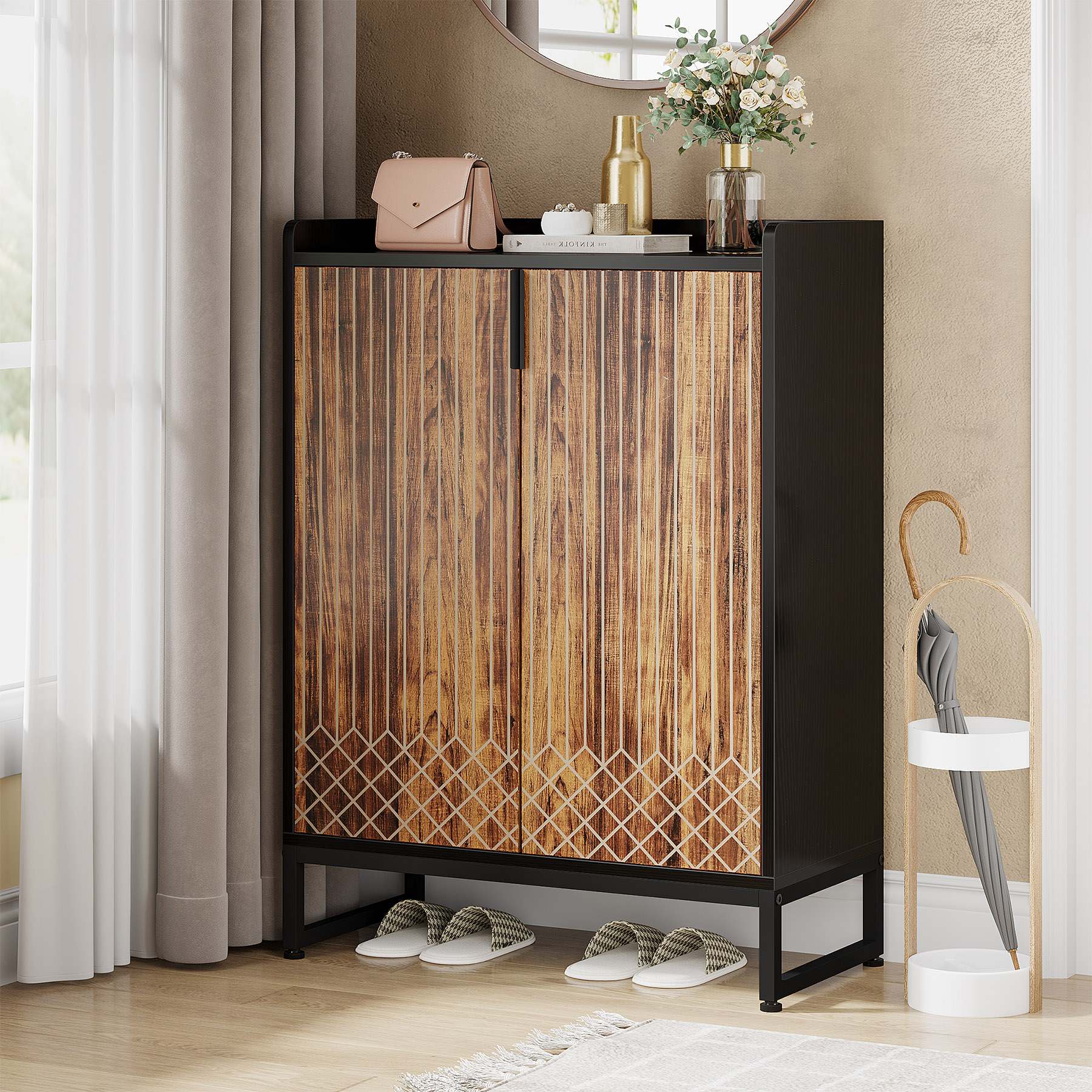 Tribesigns White 5-Tier Freestanding Wood Shoes Cabinet with Gold Metal Frame - Image 7