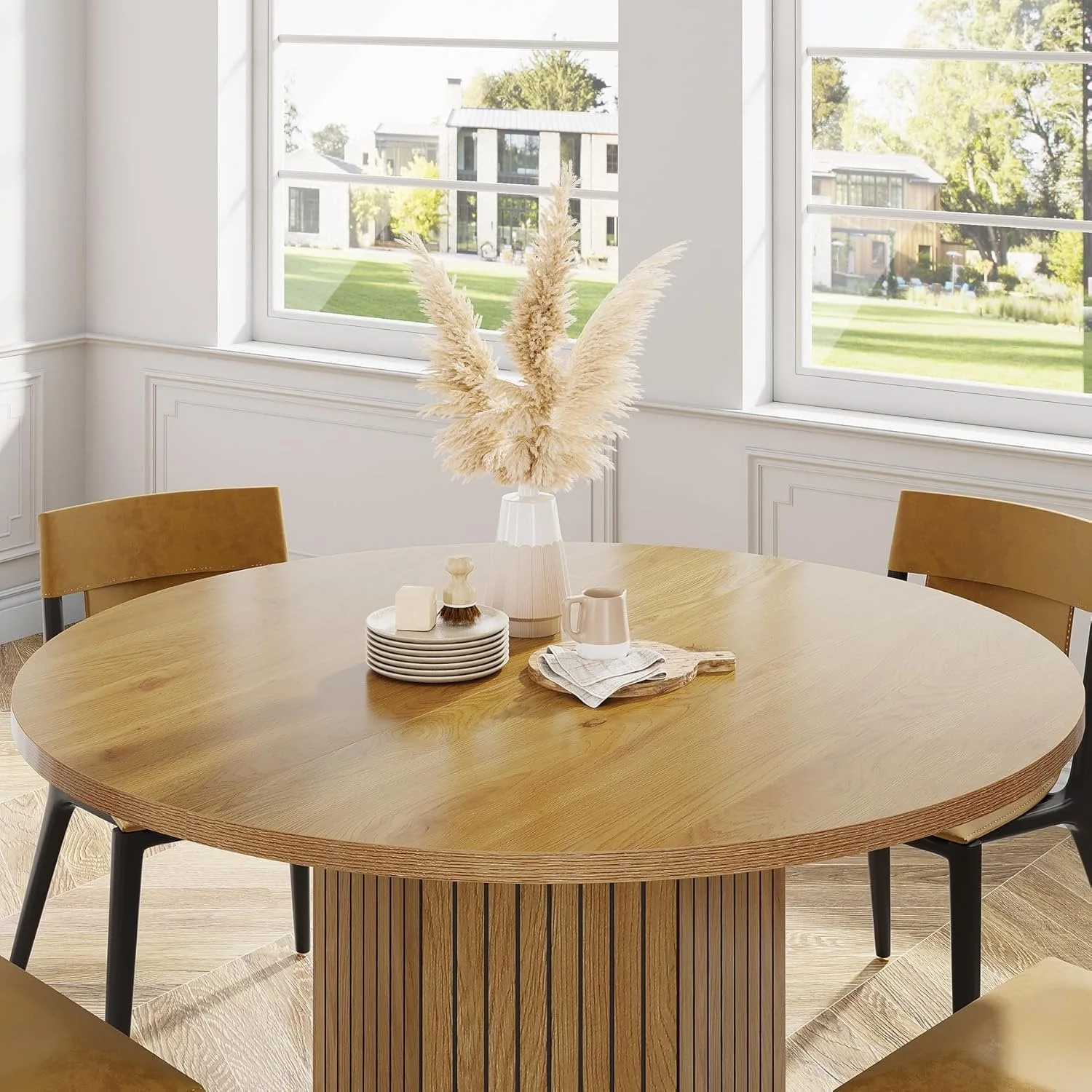 47" Round Wood Dining Table for 4 - Natural Oak Tabletop with Heavy Duty Pedestal Base - Image 4