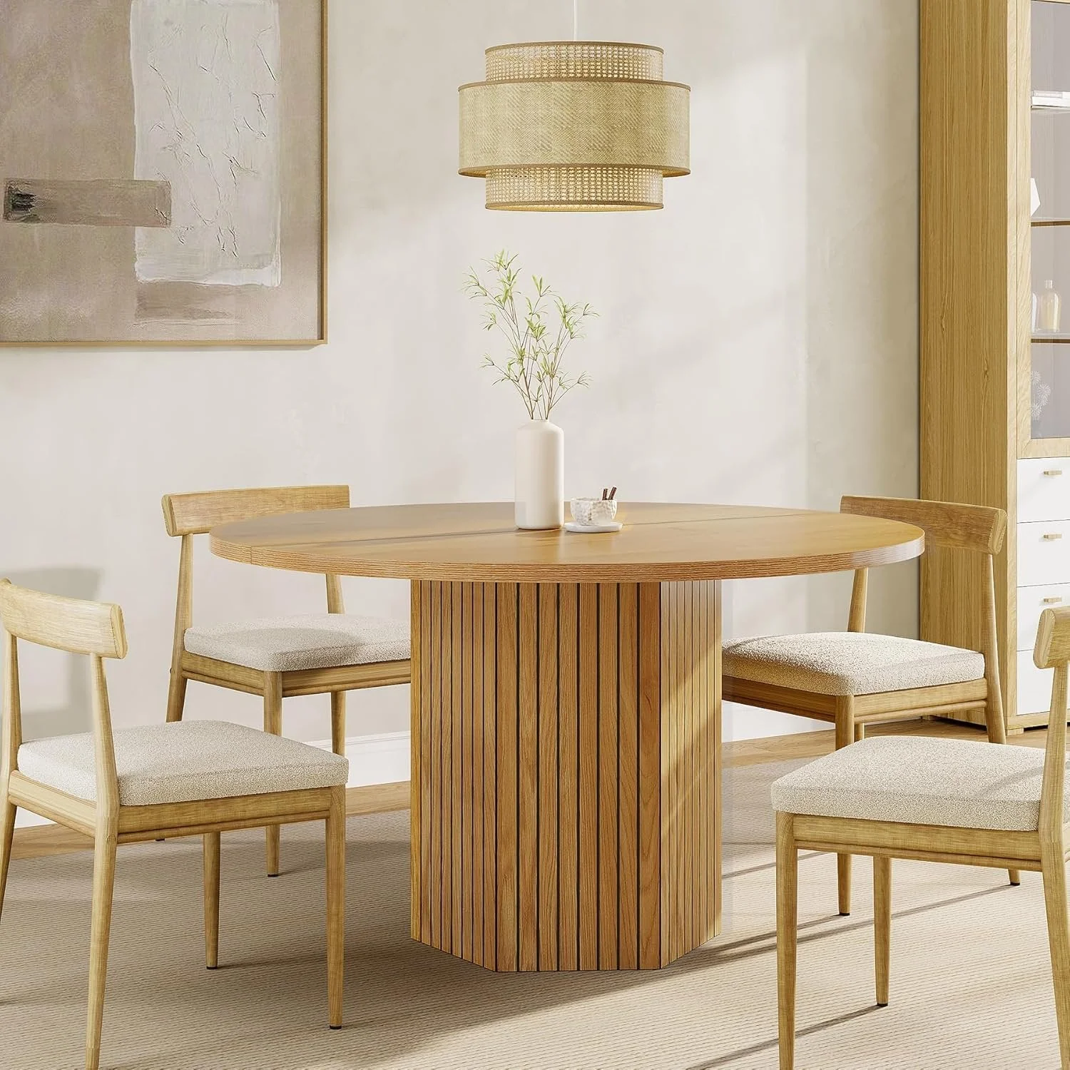 47" Round Wood Dining Table for 4 - Natural Oak Tabletop with Heavy Duty Pedestal Base - Image 5