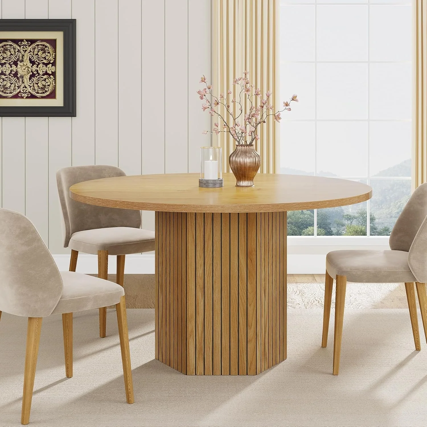 47" Round Wood Dining Table for 4 - Natural Oak Tabletop with Heavy Duty Pedestal Base - Image 6