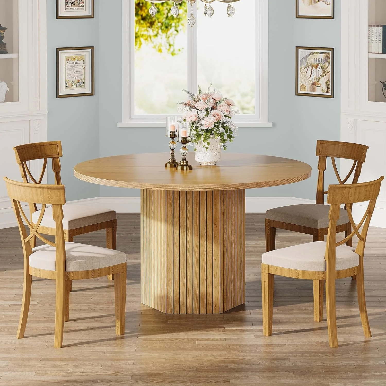 47" Round Wood Dining Table for 4 - Natural Oak Tabletop with Heavy Duty Pedestal Base - Image 7