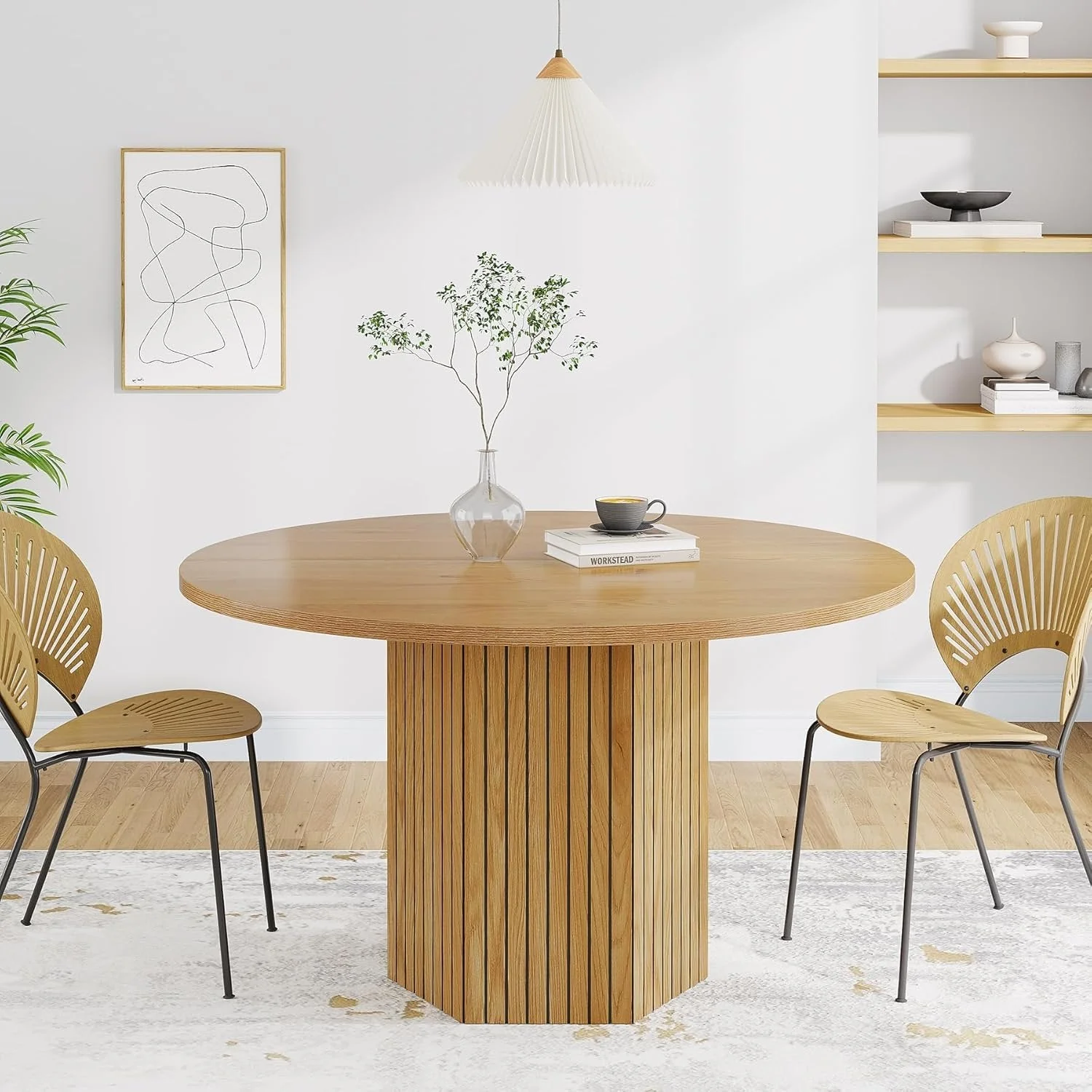 47" Round Wood Dining Table for 4 - Natural Oak Tabletop with Heavy Duty Pedestal Base - Image 8