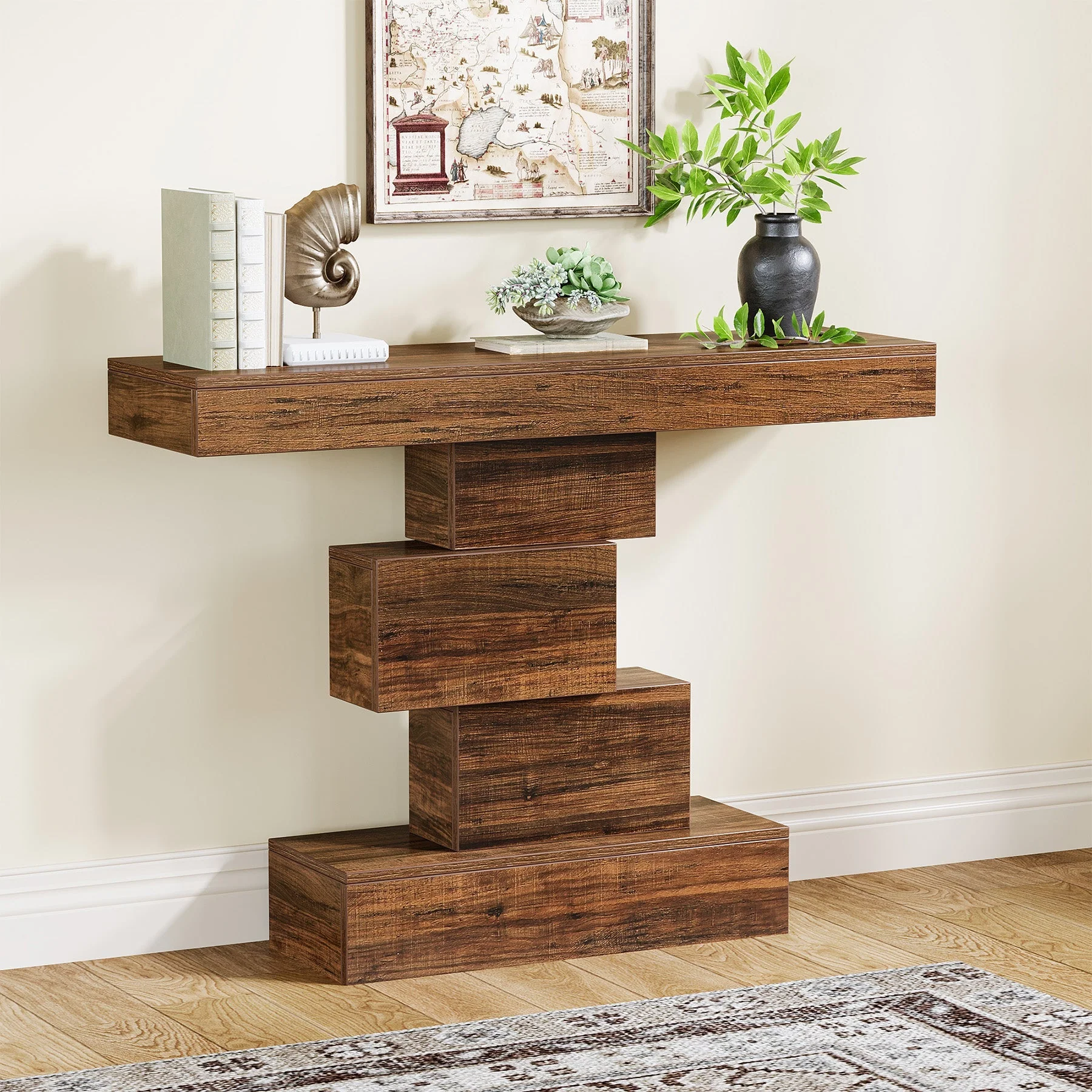 42" Console Table, Wood Sofa Table Accent Table with Geometric Base - Image 3