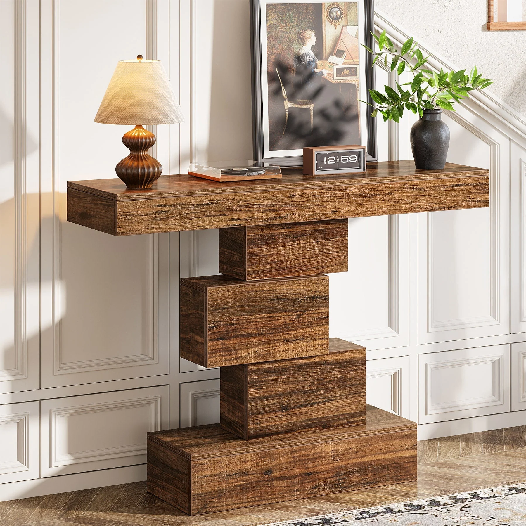 42" Console Table, Wood Sofa Table Accent Table with Geometric Base - Image 4