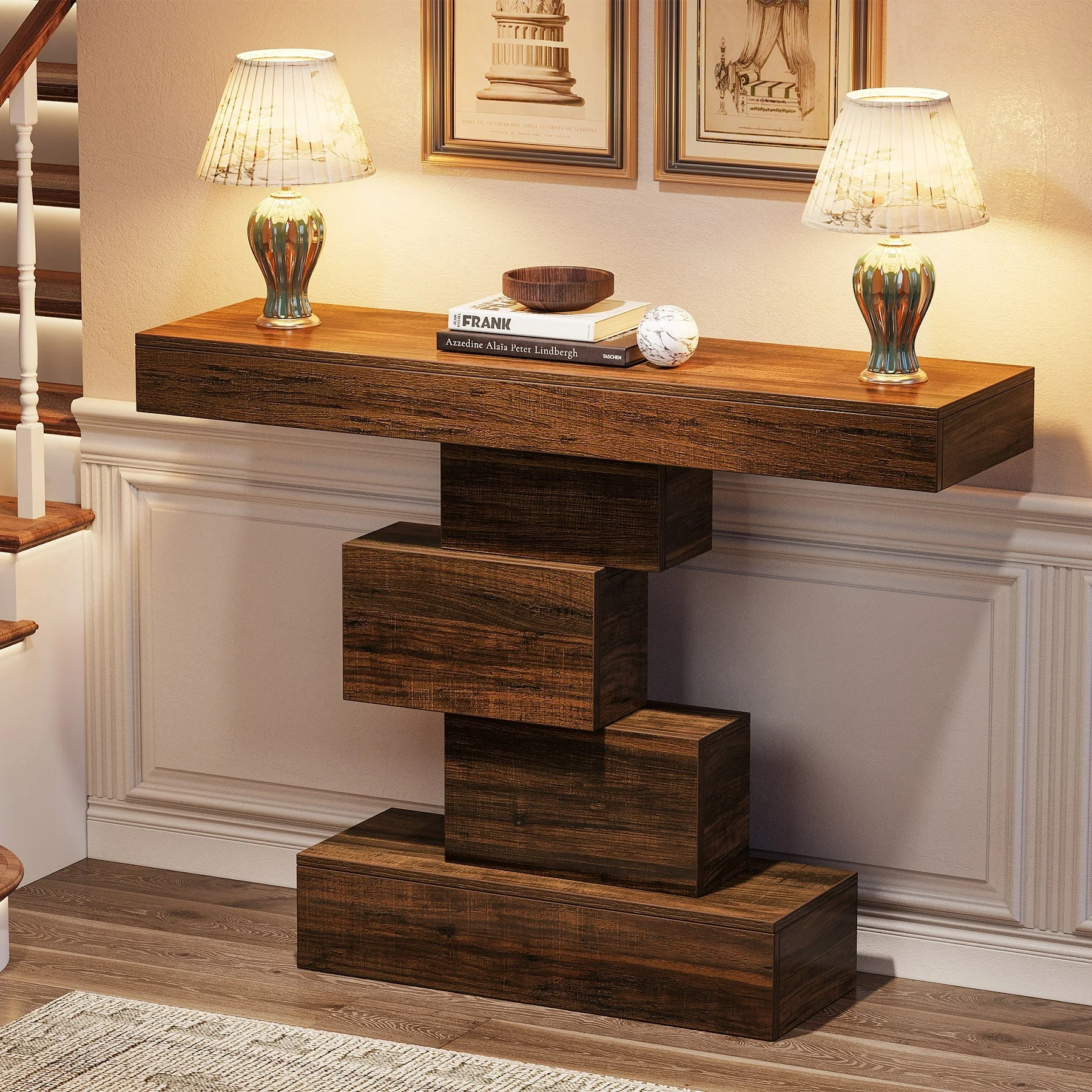 42" Console Table, Wood Sofa Table Accent Table with Geometric Base - Image 5
