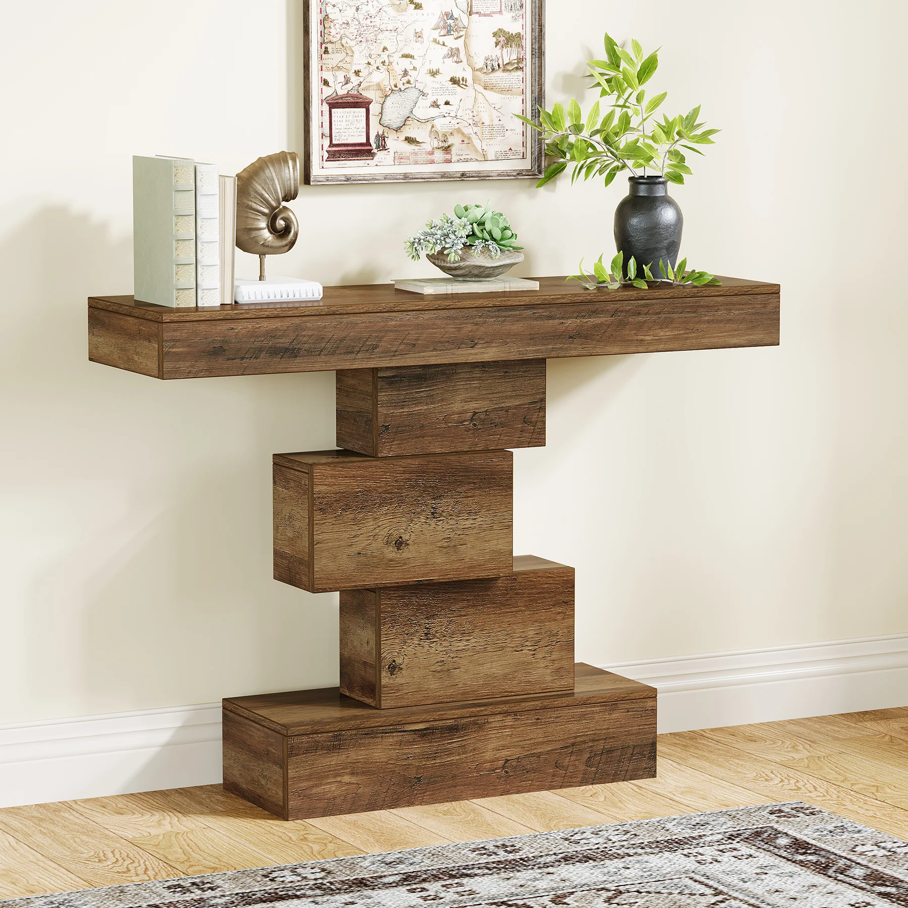 42" Console Table, Wood Sofa Table Accent Table with Geometric Base - Image 7