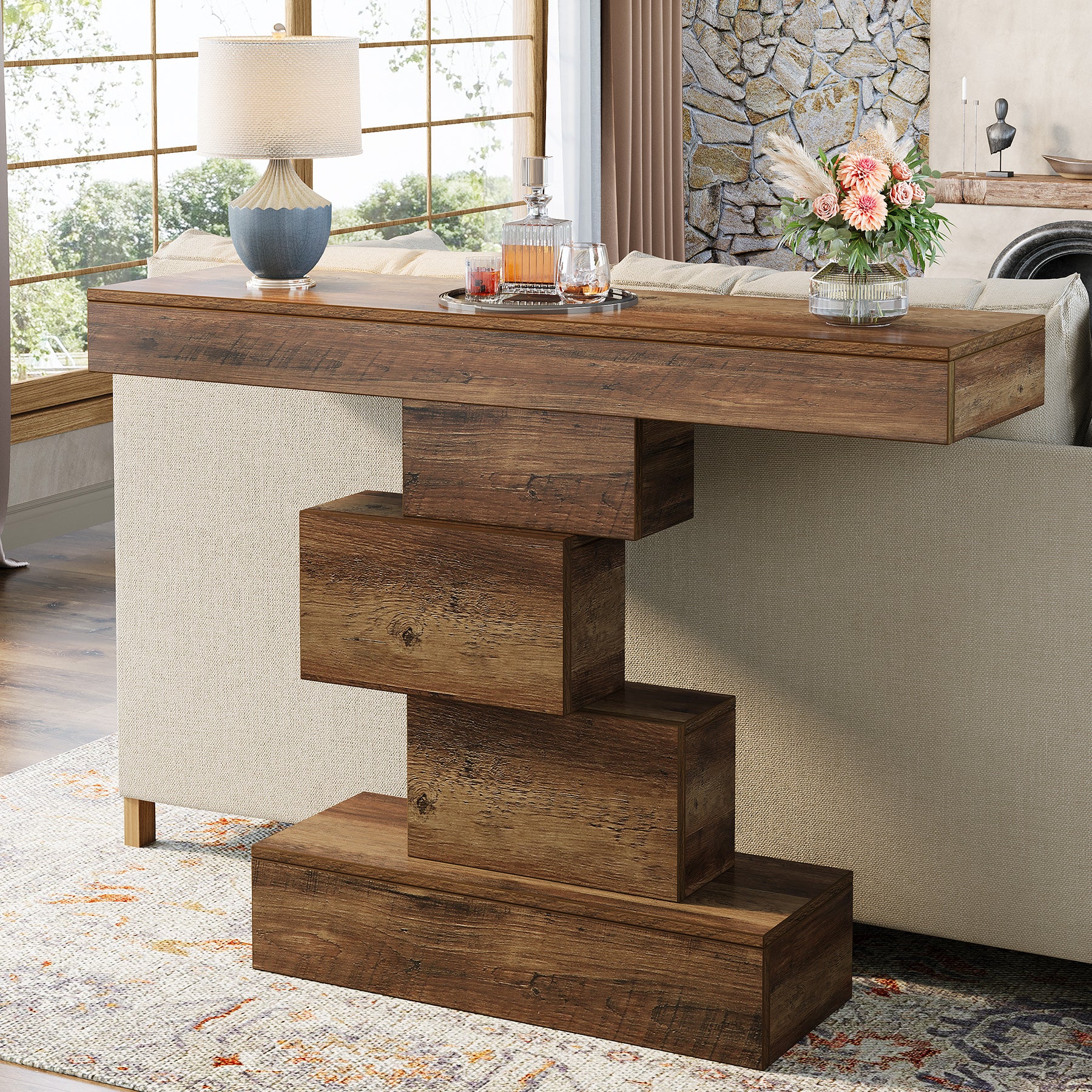42" Console Table, Wood Sofa Table Accent Table with Geometric Base - Image 9