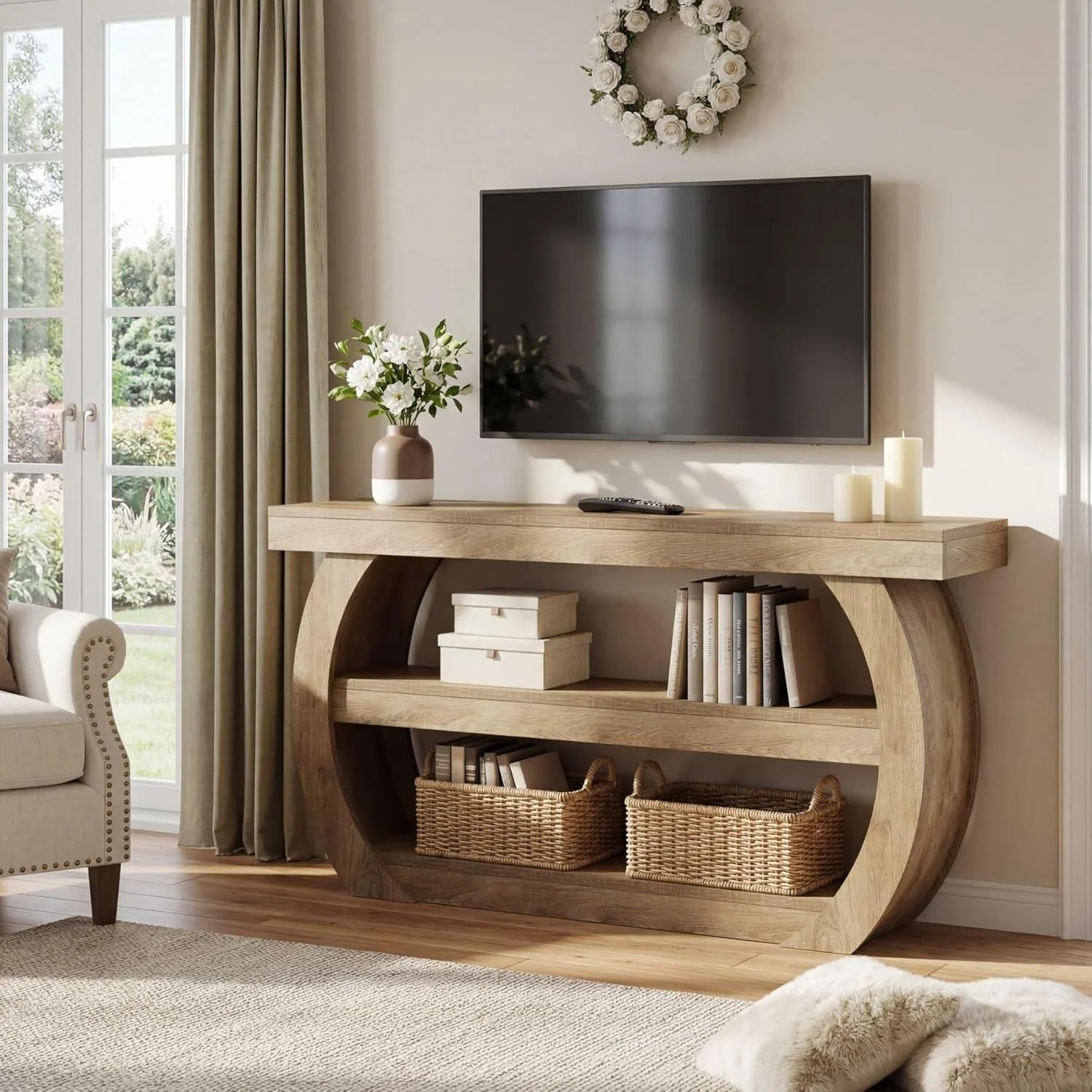 63" TV Stand with Storage for 75 Inch TV, Farmhouse Media Console Table for Living Room - Image 5