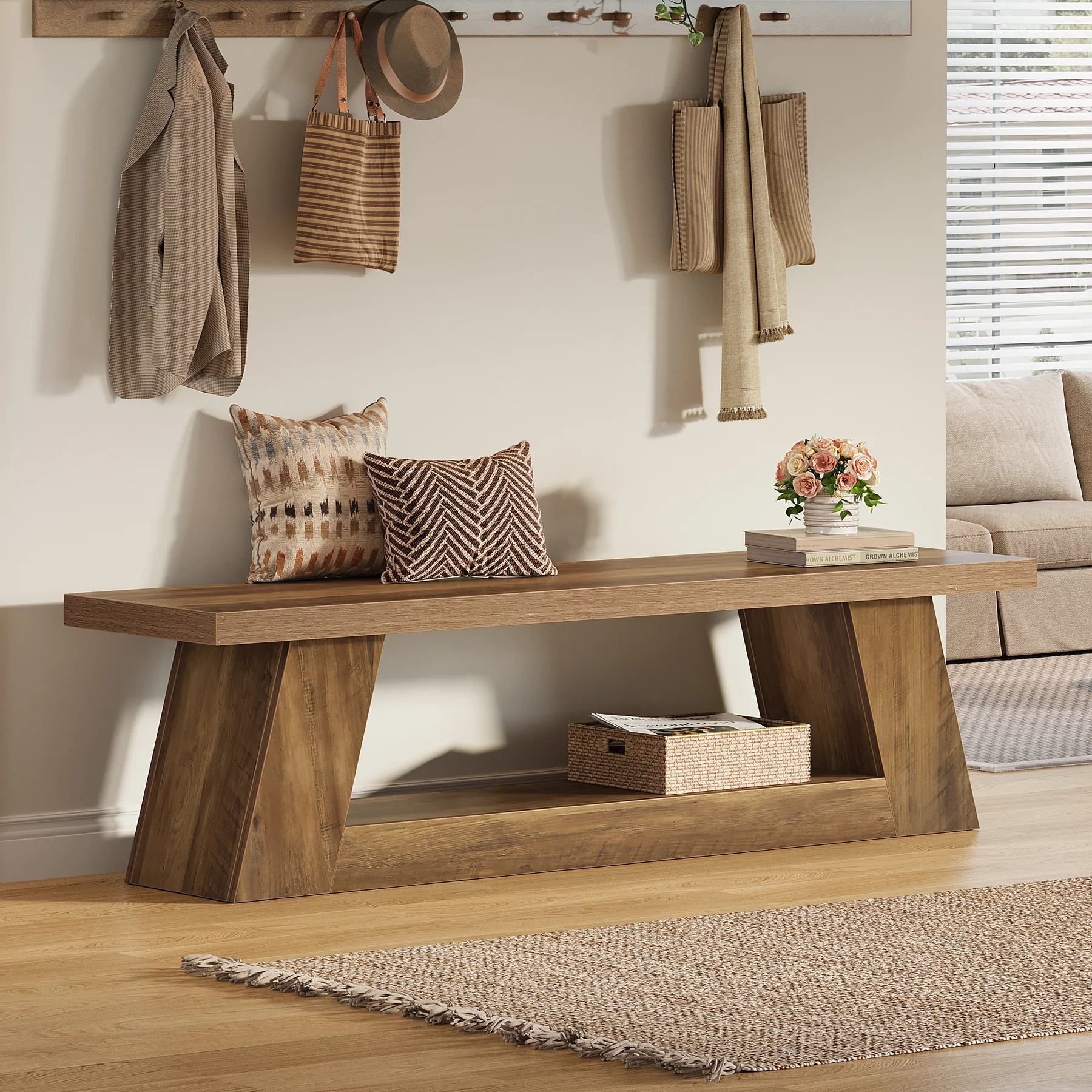 63" Wooden Entryway Bench with 2-Tier Storage, Rustic Long Bench for Hallway Living Room Bedroom - Image 10